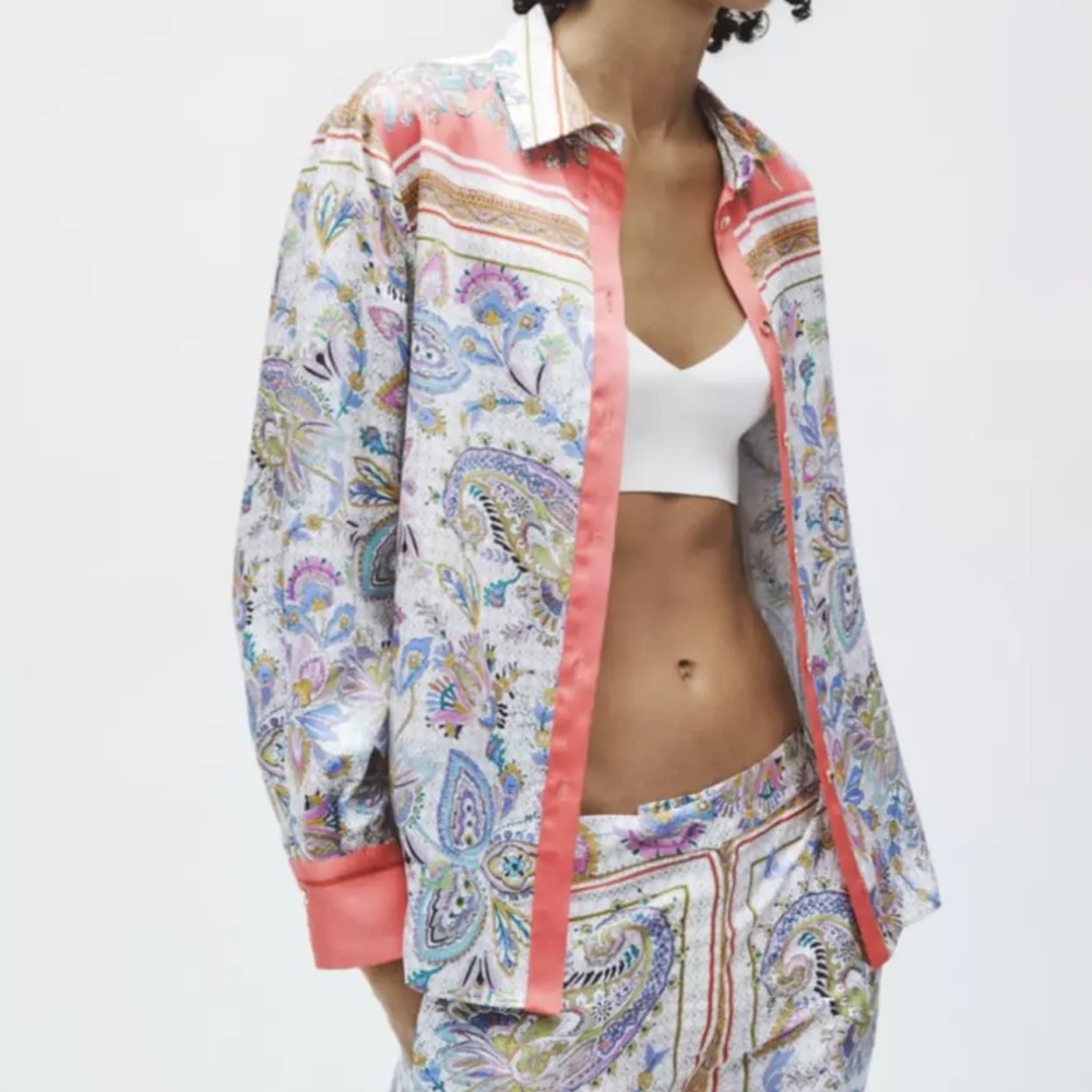 Zara paisley floral satin button down shirt
